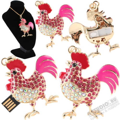 Флэшки со стразами «Петушок» jewel rooster usb drive ювелирные usb флеш карты под гравировку